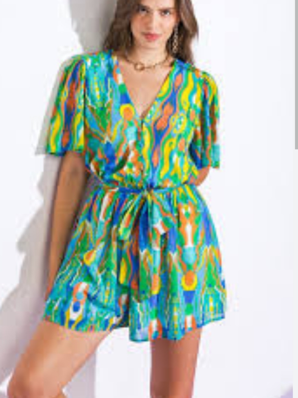 Flying Tomato " In My Happy Place"Green & Blue Multicolor V-Neck Belted Romper